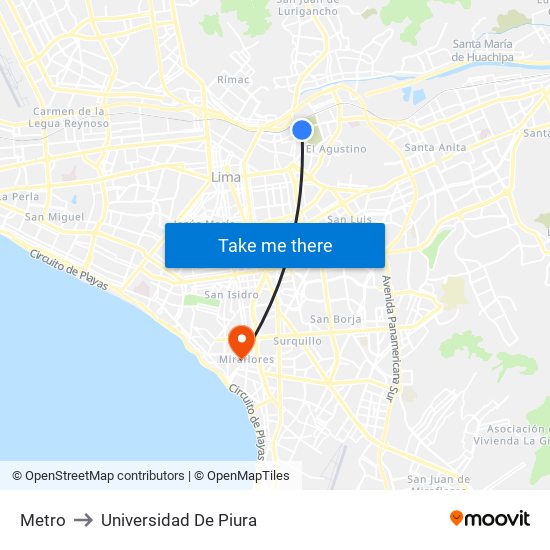 Metro to Universidad De Piura map