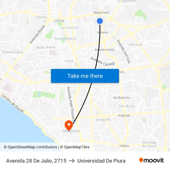 Avenida 28 De Julio, 2715 to Universidad De Piura map