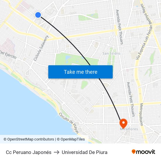 Cc Peruano Japonés to Universidad De Piura map