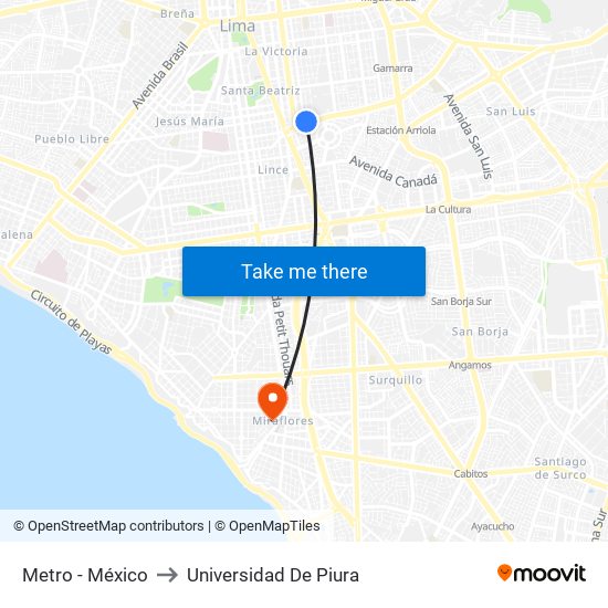 Metro - México to Universidad De Piura map