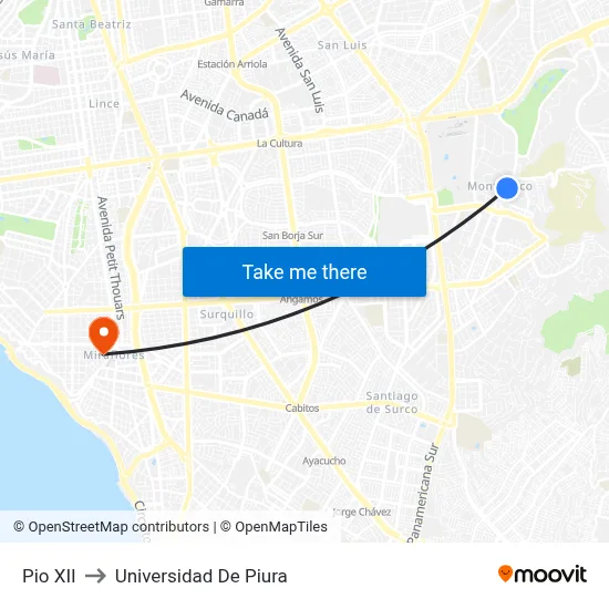 Pio XII to Universidad De Piura map