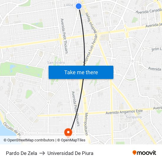 Pardo De Zela to Universidad De Piura map