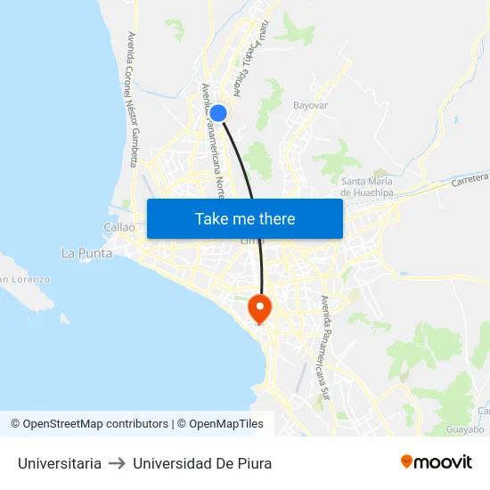 Universitaria to Universidad De Piura map