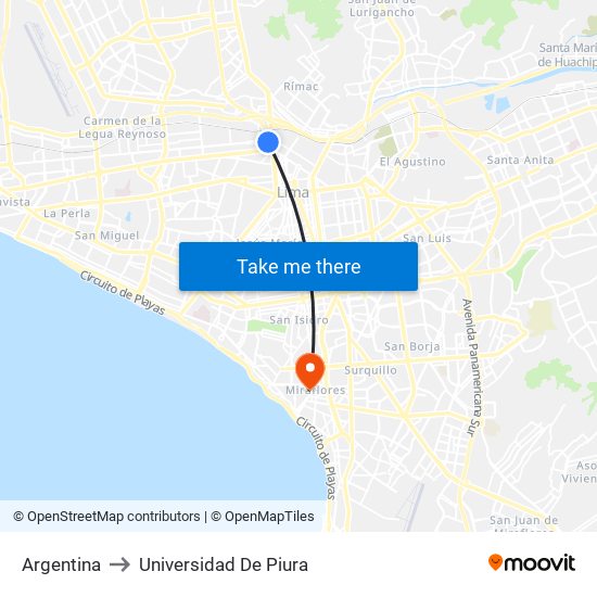 Argentina to Universidad De Piura map