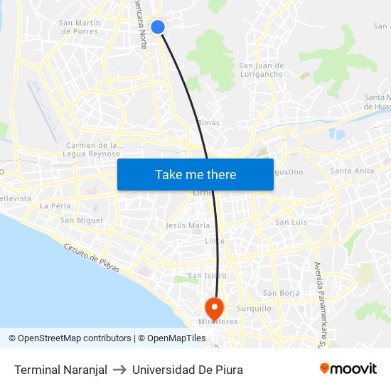 Terminal Naranjal to Universidad De Piura map