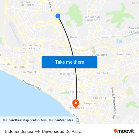 Independencia to Universidad De Piura map