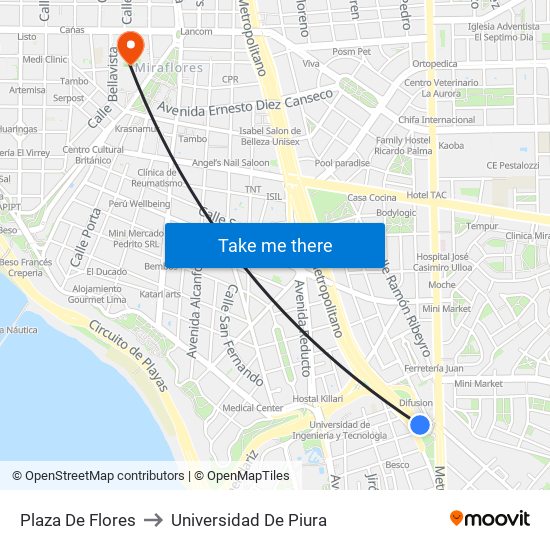 Plaza De Flores to Universidad De Piura map