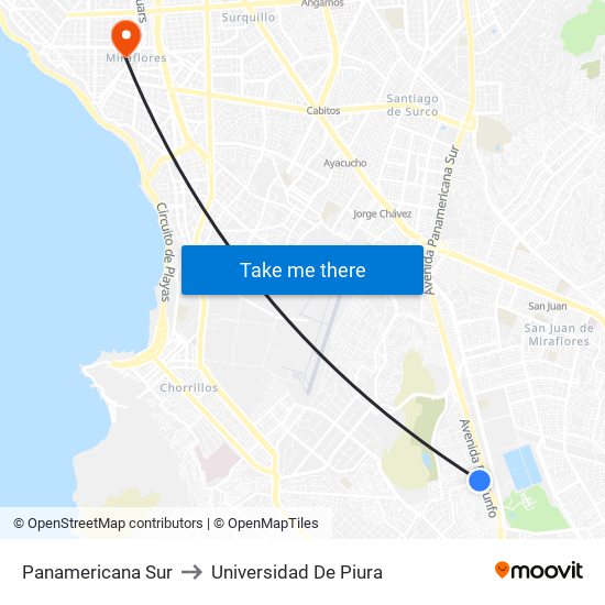 Panamericana Sur to Universidad De Piura map