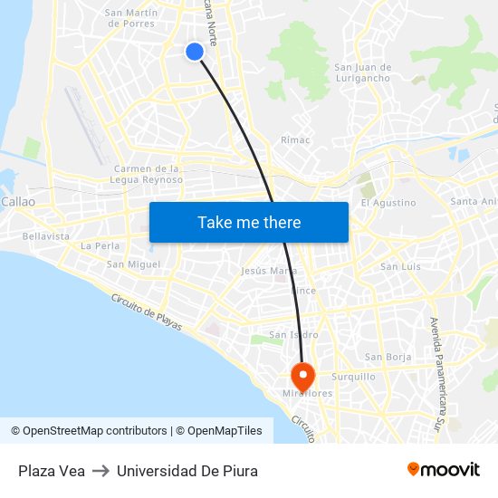 Plaza Vea to Universidad De Piura map