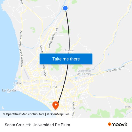 Santa Cruz to Universidad De Piura map
