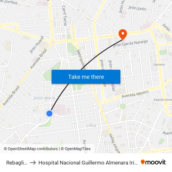 Rebagliati to Hospital Nacional Guillermo Almenara Irigoyen map