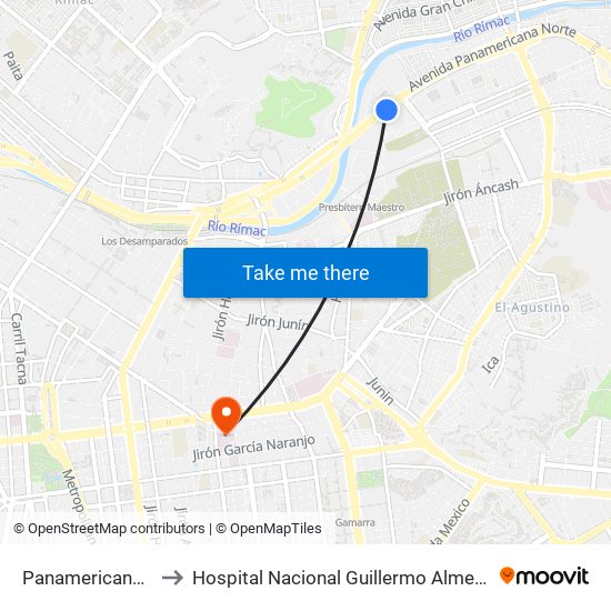 Panamericana Norte to Hospital Nacional Guillermo Almenara Irigoyen map