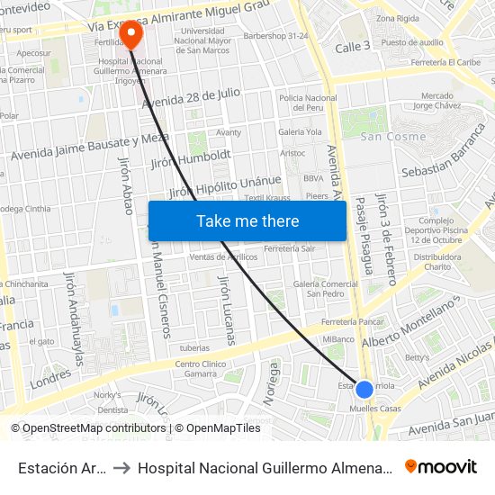 Estación Arriola to Hospital Nacional Guillermo Almenara Irigoyen map