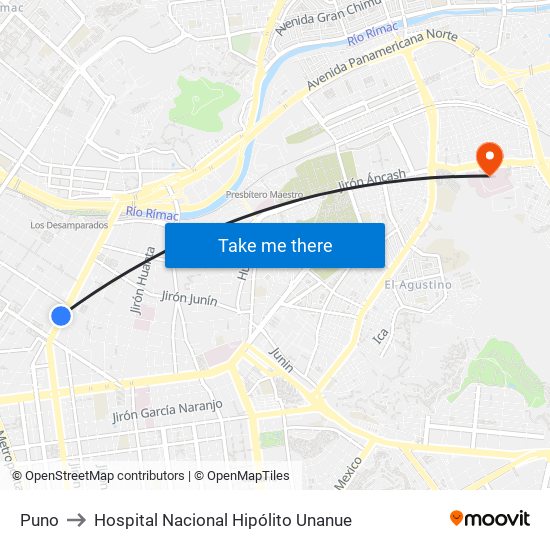 Puno to Hospital Nacional Hipólito Unanue map