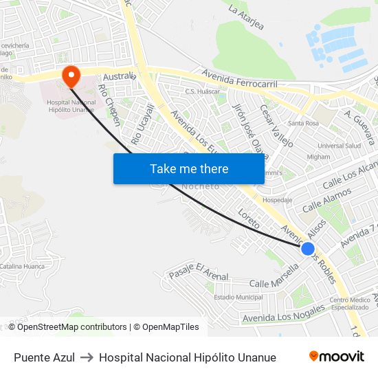 Puente Azul to Hospital Nacional Hipólito Unanue map