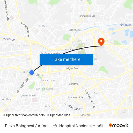 Plaza  Bolognesi / Alfonso Ugarte to Hospital Nacional Hipólito Unanue map