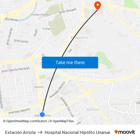 Estación Arriola to Hospital Nacional Hipólito Unanue map