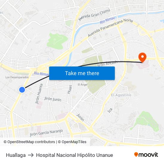 Huallaga to Hospital Nacional Hipólito Unanue map