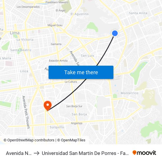 Avenida Nicolás Ayllón, 2598 to Universidad San Martín De Porres - Facultad De Ciencias De La Comunicación, Turismo Y Psicología map