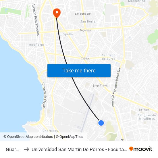 Guardia Civil Sur to Universidad San Martín De Porres - Facultad De Ciencias De La Comunicación, Turismo Y Psicología map