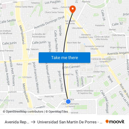 Avenida República De Panamá, 5734 to Universidad San Martín De Porres - Facultad De Ciencias De La Comunicación, Turismo Y Psicología map