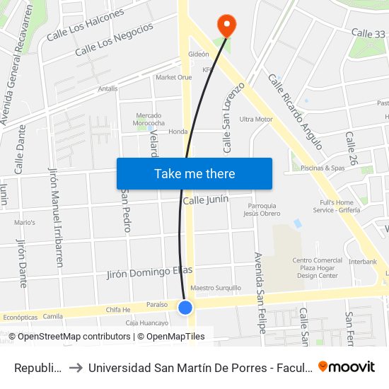 Republica De Panamá to Universidad San Martín De Porres - Facultad De Ciencias De La Comunicación, Turismo Y Psicología map