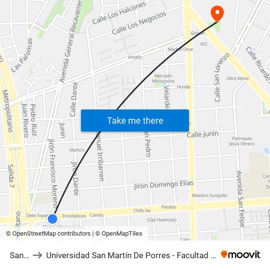 Santa Rosa to Universidad San Martín De Porres - Facultad De Ciencias De La Comunicación, Turismo Y Psicología map