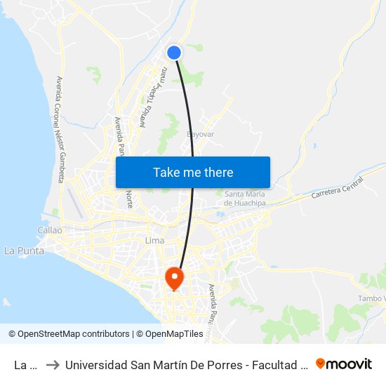 La Cumbre to Universidad San Martín De Porres - Facultad De Ciencias De La Comunicación, Turismo Y Psicología map