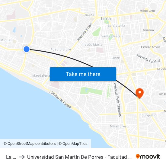 La Marina to Universidad San Martín De Porres - Facultad De Ciencias De La Comunicación, Turismo Y Psicología map