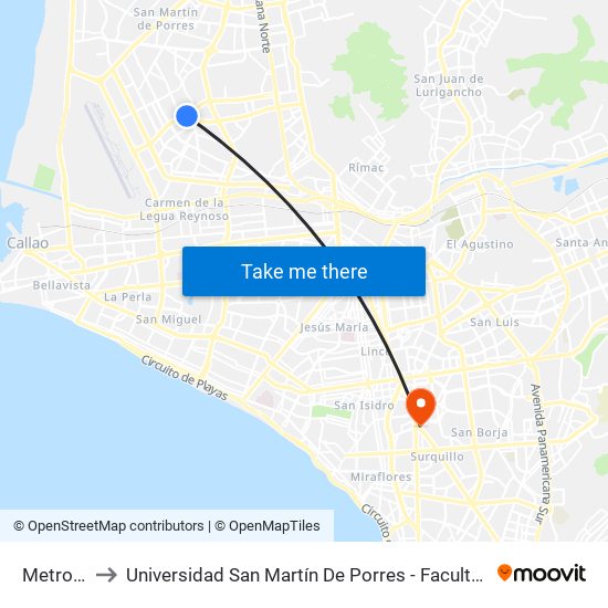 Metro A. Gamarra to Universidad San Martín De Porres - Facultad De Ciencias De La Comunicación, Turismo Y Psicología map