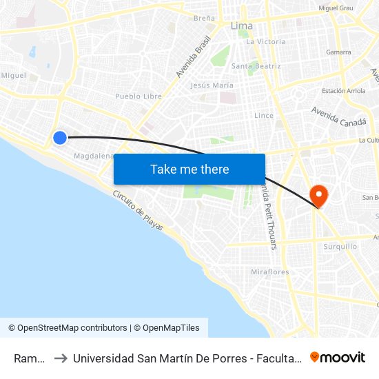 Ramón Castilla to Universidad San Martín De Porres - Facultad De Ciencias De La Comunicación, Turismo Y Psicología map