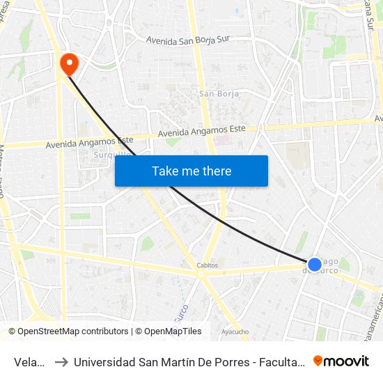 Velazco Astete to Universidad San Martín De Porres - Facultad De Ciencias De La Comunicación, Turismo Y Psicología map