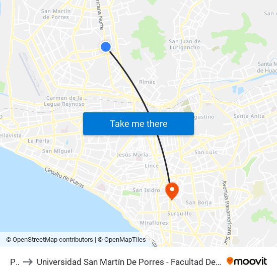 Pilas to Universidad San Martín De Porres - Facultad De Ciencias De La Comunicación, Turismo Y Psicología map