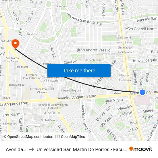Avenida Angamos, 763 to Universidad San Martín De Porres - Facultad De Ciencias De La Comunicación, Turismo Y Psicología map