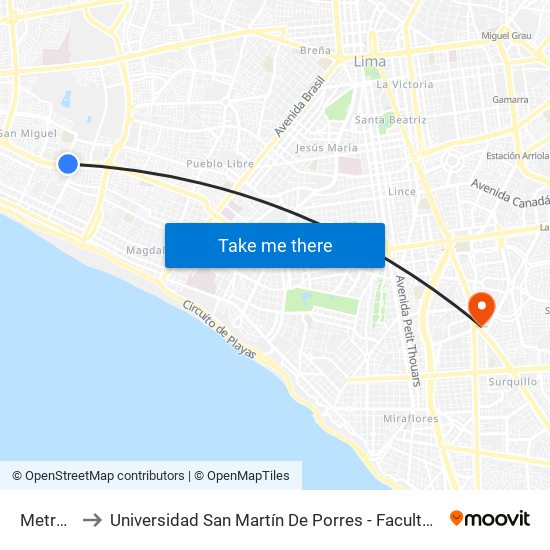 Metro La Marina to Universidad San Martín De Porres - Facultad De Ciencias De La Comunicación, Turismo Y Psicología map
