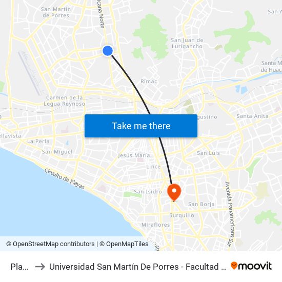 Plaza Norte to Universidad San Martín De Porres - Facultad De Ciencias De La Comunicación, Turismo Y Psicología map