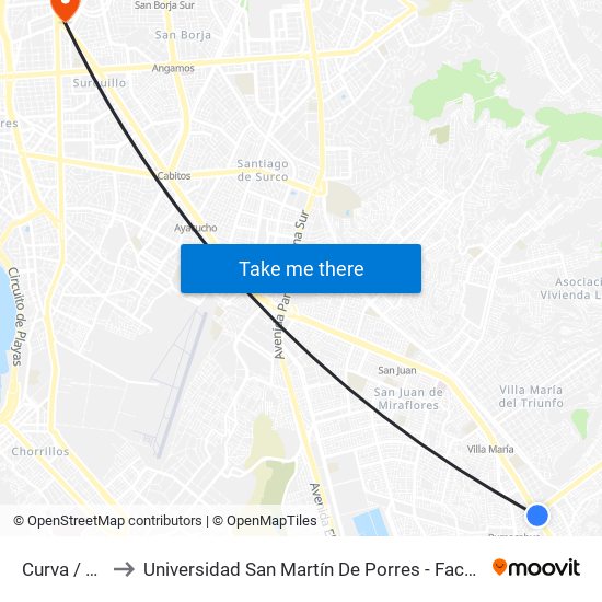 Curva / Real Plaza V.M.T. to Universidad San Martín De Porres - Facultad De Ciencias De La Comunicación, Turismo Y Psicología map