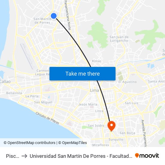 Piscobamba to Universidad San Martín De Porres - Facultad De Ciencias De La Comunicación, Turismo Y Psicología map