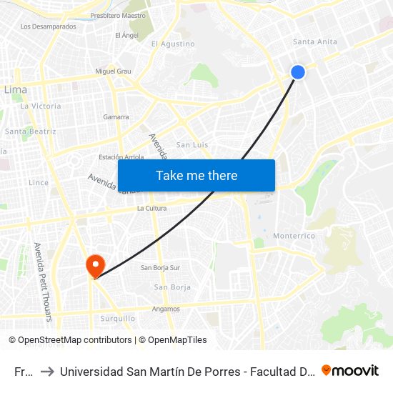 Frutales to Universidad San Martín De Porres - Facultad De Ciencias De La Comunicación, Turismo Y Psicología map