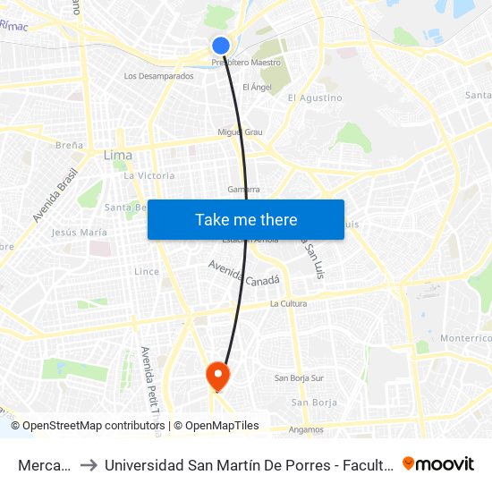 Mercado De Flores to Universidad San Martín De Porres - Facultad De Ciencias De La Comunicación, Turismo Y Psicología map