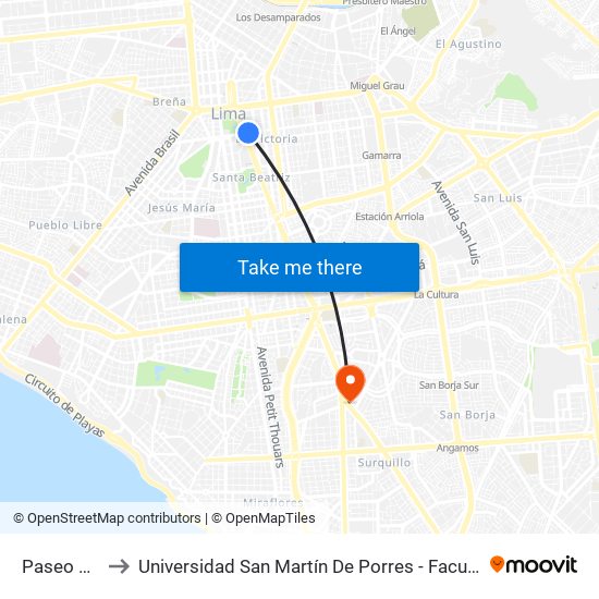 Paseo De La República to Universidad San Martín De Porres - Facultad De Ciencias De La Comunicación, Turismo Y Psicología map