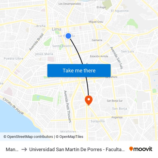 Manco Capac to Universidad San Martín De Porres - Facultad De Ciencias De La Comunicación, Turismo Y Psicología map
