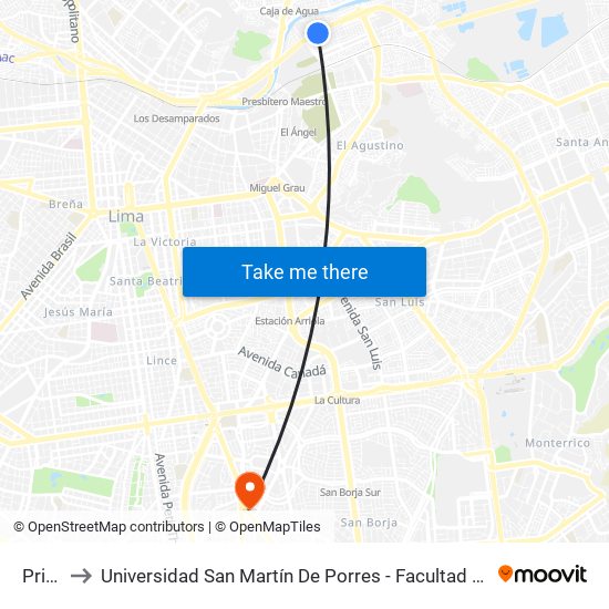 Primavera to Universidad San Martín De Porres - Facultad De Ciencias De La Comunicación, Turismo Y Psicología map