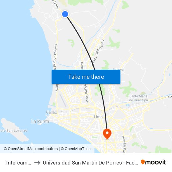 Intercambio Vial Ventanilla to Universidad San Martín De Porres - Facultad De Ciencias De La Comunicación, Turismo Y Psicología map