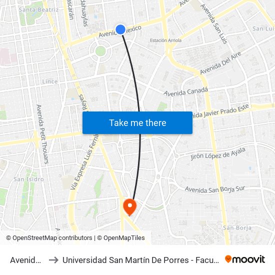 Avenida México, 1005 to Universidad San Martín De Porres - Facultad De Ciencias De La Comunicación, Turismo Y Psicología map