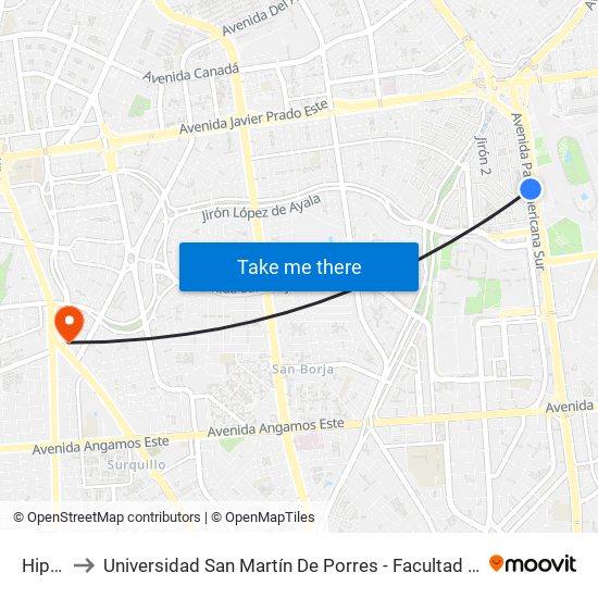 Hipódromo to Universidad San Martín De Porres - Facultad De Ciencias De La Comunicación, Turismo Y Psicología map