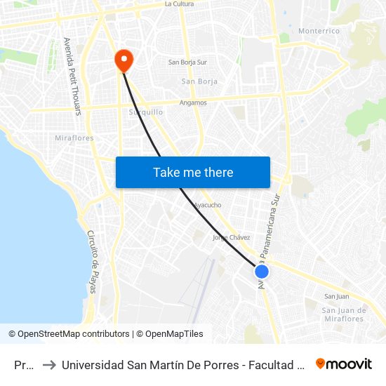 Próceres to Universidad San Martín De Porres - Facultad De Ciencias De La Comunicación, Turismo Y Psicología map