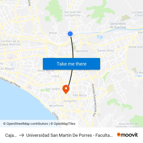 Caja De Agua to Universidad San Martín De Porres - Facultad De Ciencias De La Comunicación, Turismo Y Psicología map