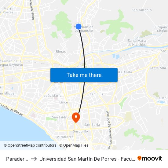 Paradero 15 Las Flores to Universidad San Martín De Porres - Facultad De Ciencias De La Comunicación, Turismo Y Psicología map