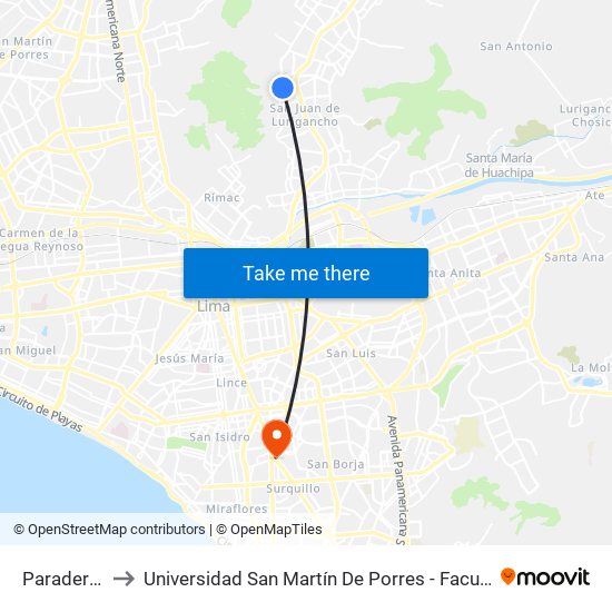 Paradero 18 Las Flores to Universidad San Martín De Porres - Facultad De Ciencias De La Comunicación, Turismo Y Psicología map